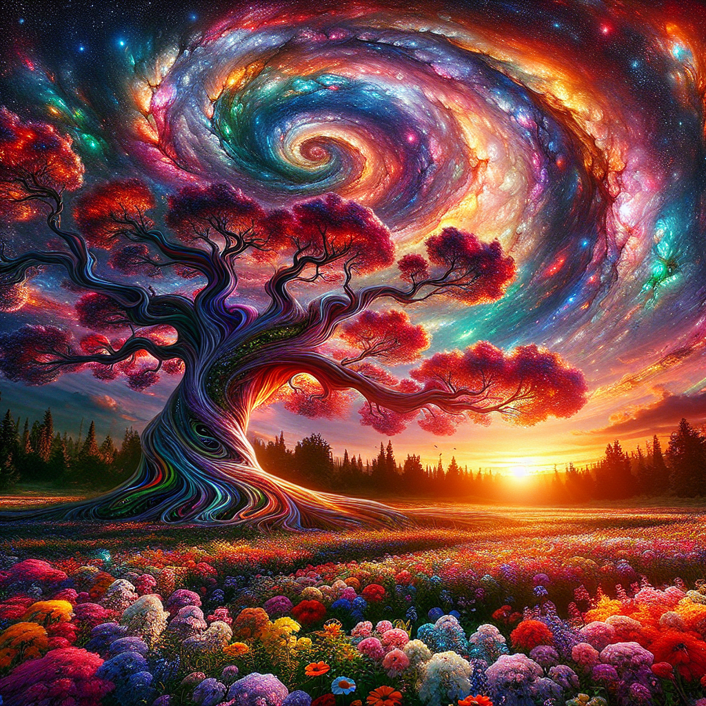 Create an image of a fantastical landscape where the sky is filled with swirling colors and shapes, reflecting the vibrant hues of a breathtaking sunset. In the foreground, a majestic tree with twisting branches reaches up towards the sky, its leaves shimmering with iridescent hues. Surrounding the tree, a lush meadow stretches out, dotted with vibrant flowers in every shade of the rainbow. The scene is alive with movement and energy, a true celebration of the beauty of art, sky, and nature combined.