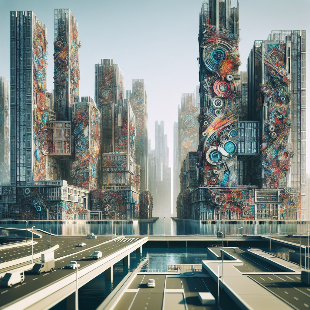 Create an image of a futuristic cityscape where colorful, larger-than-life sculptures and paintings adorn every building, blending seamlessly with the architecture to create a vibrant and dynamic urban art gallery.