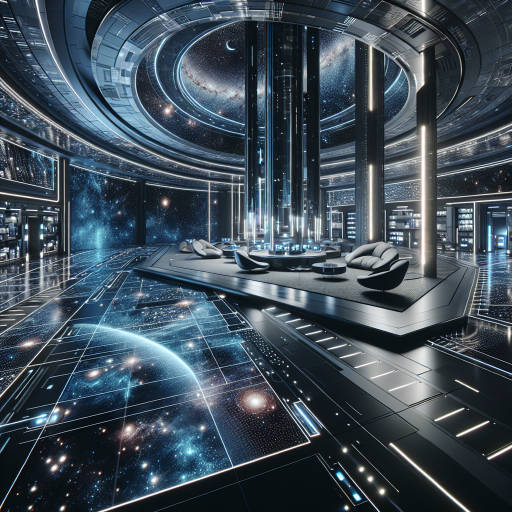 Create an image of a futuristic space station with sleek, modern interior design inspired by the stars and galaxies of the universe. Let your imagination run wild as you design a living space that combines the beauty of astronomy with the functionality of a high-tech living environment.