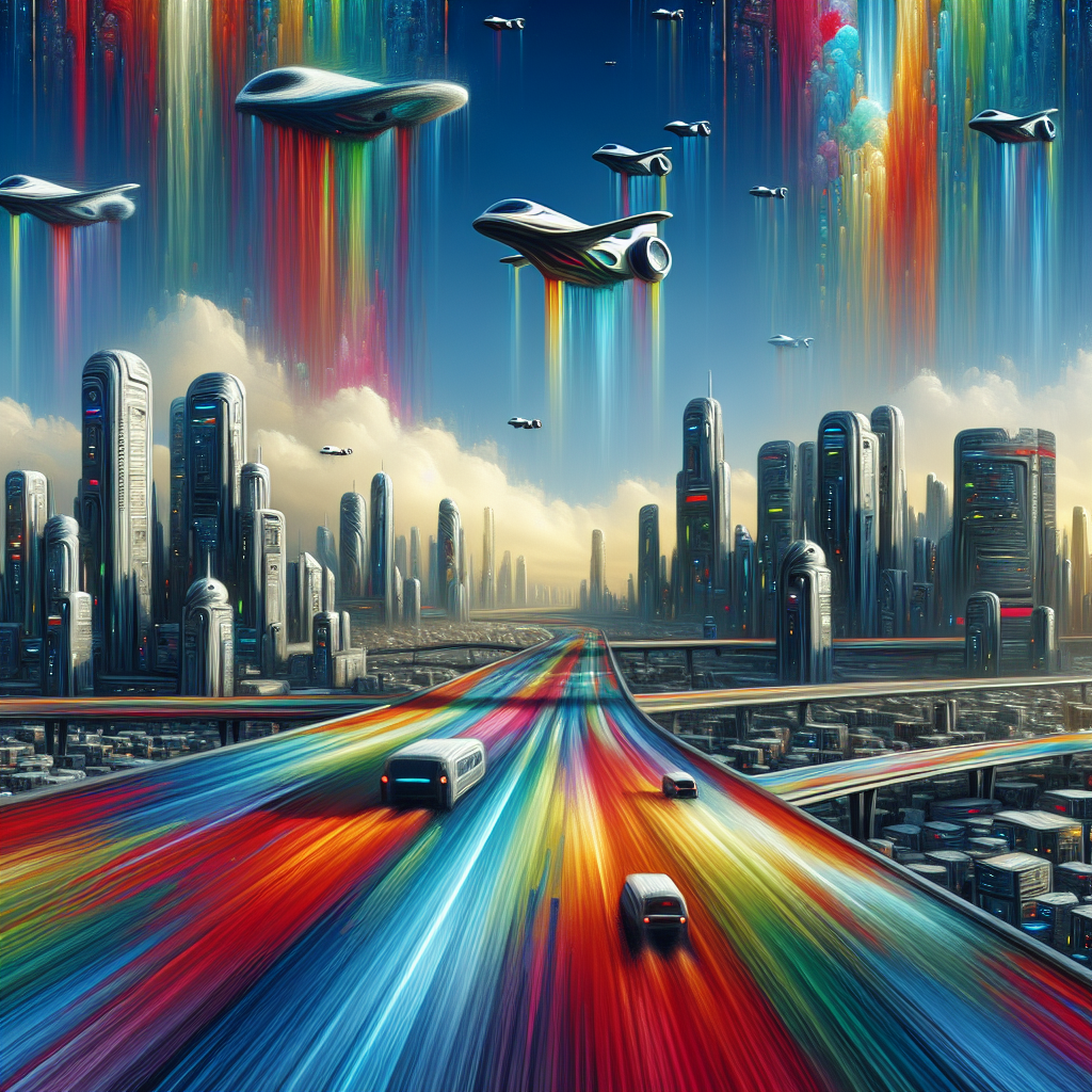 Create a painting of a futuristic cityscape where optical illusions are seamlessly integrated into the design of flying transport vehicles, creating a mind-bending display of color and movement.