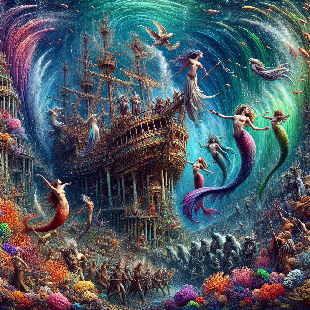 Create an image of a fantastical underwater city where mermaids and ancient warriors engage in a historical reenactment of a legendary battle from centuries past. The ruins of a sunken ship serve as the backdrop, with colorful coral reefs spiraling up towards the surface, completing this mesmerizing scene of underwater wonders and historical reenactments.