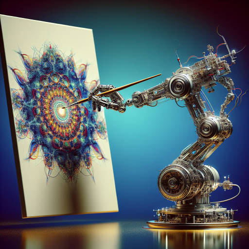 Create an image of a futuristic robot artist painting a masterpiece on a canvas using its mechanical arms, with vibrant colors and intricate details that only a machine could create.