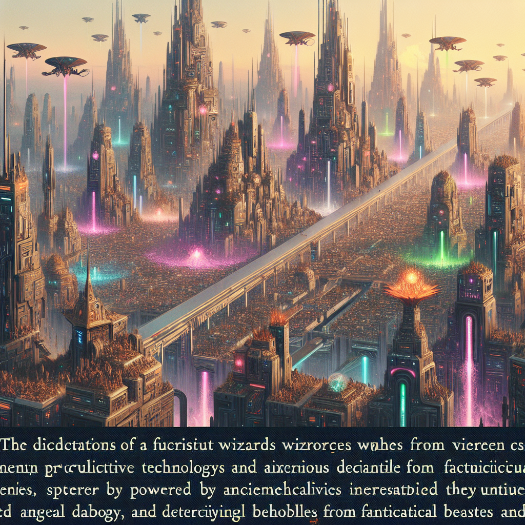 Create an image of a futuristic city where powerful wizards use advanced technology to control the elements and protect the city from mythical creatures. The city is powered by ancient technics and is surrounded by towering mechanical walls that keep out any threats from the outside world. The streets are filled with flying vehicles and magical creatures roaming freely, creating a unique blend of technology, fantasy, and mythology.