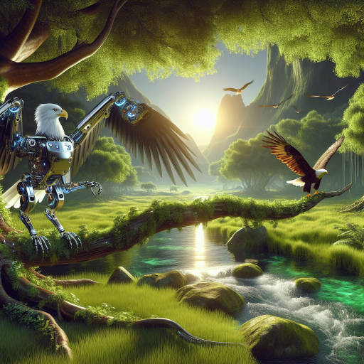 Imagine a futuristic world where technologically advanced robotic animals coexist with their natural wildlife counterparts. Capture a scene where a robotic bird is perched on a tree branch next to a real, majestic eagle, surrounded by lush greenery and sparkling streams. Show the harmony between nature and technology in this mesmerizing image.