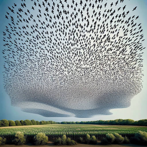 Imagine a photo of a drone capturing an optical illusion in the form of a wildlife scene, where a flock of birds appears to blend seamlessly into the sky, creating a mesmerizing and surreal visual experience.