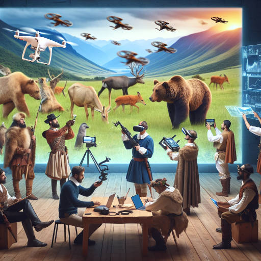 Imagine a scene where a group of historical reenactors are using cutting-edge technology to study and document the behaviors of wild animals in their natural habitat. How would they utilize drones, virtual reality, and other advancements to bring the past and present together in a captivating and educational display of wildlife conservation and historical accuracy?