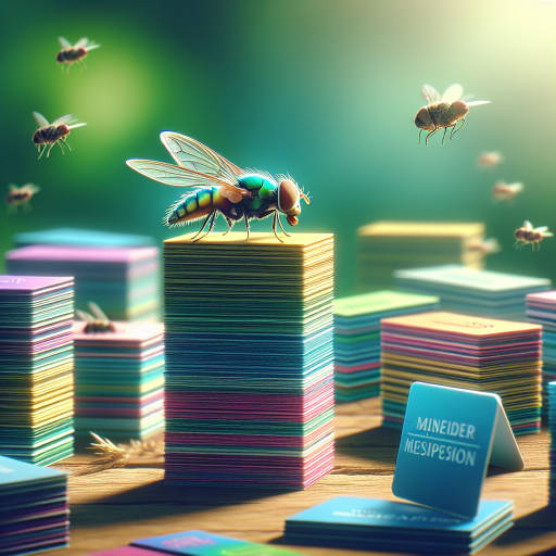 Imagine a close-up macro shot of a tiny insect perched on a stack of colorful business cards in a lush wildlife habitat. Capture the intricate details of the insect's wings while showcasing the professional and organized environment of a bustling business setting.