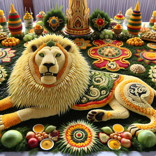 Imagine a vibrant cultural festival where wildlife comes to life through food art. Create an image of a majestic lion made entirely out of colorful fruits and vegetables, surrounded by intricate patterns of spices and herbs, all displayed on a table adorned with traditional cultural decorations. Capture the essence of this unique fusion of food, wildlife, and cultural celebration in a single mesmerizing image.