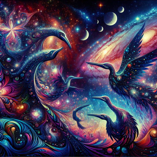 Create an image of a cosmic wilderness where surreal optical illusions merge with exotic wildlife, showcasing a fantastical world where shimmering galaxies become the backdrop for mysterious creatures and vibrant colors intertwine with the beauty of the universe.