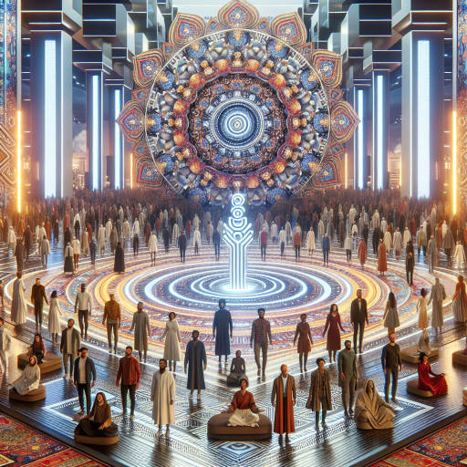 Create an image of a futuristic cultural festival where participants are surrounded by an optical illusion display that combines traditional cultural elements with advanced technology, creating a mesmerizing and otherworldly experience.