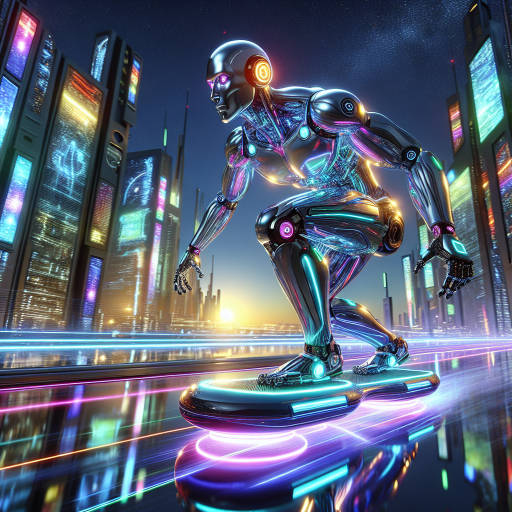 Create an image of a futuristic robot athlete competing in a high-speed hoverboard race through a neon-lit cityscape.