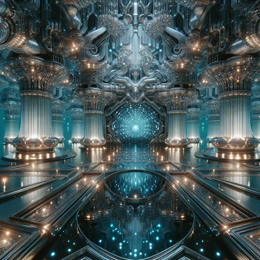 Imagine a futuristic underwater robot palace, where sleek metallic structures and glowing bioluminescent sea creatures come together to create a stunning underwater wonderland. Design the interior of this robot palace with intricate patterns, geometric shapes, and shimmering lights that reflect off of the water, creating an otherworldly and enchanting atmosphere.