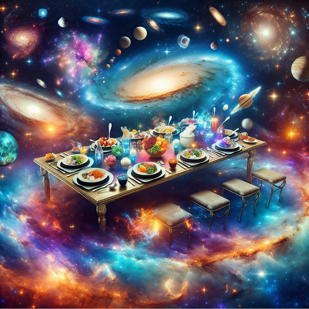 Create an image of a cosmic feast where the stars and planets are arranged like a beautifully painted masterpiece on a canvas, with galaxies swirling like colorful sauces and nebulae shimmering like exotic spices. The celestial table is set with dishes made of stardust and moonbeams, each one a unique and delectable creation inspired by the wonders of the universe.