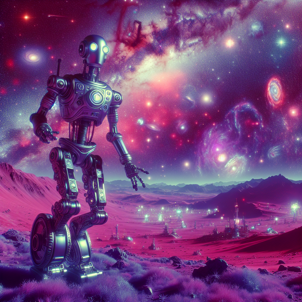 Create an image of a robot exploring a mysterious alien planet using infrared photography, with breathtaking views of distant galaxies and star clusters in the background, showcasing the wonders of both advanced technology and the vast universe.