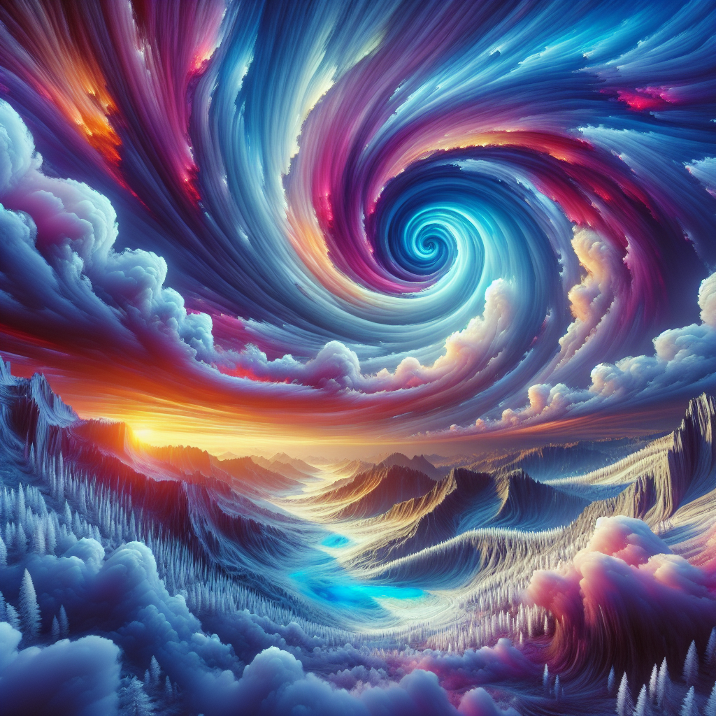 Create an otherworldly painting featuring a sky filled with vibrant colors and swirling clouds, all captured through the lens of an infrared camera to give the scene a surreal and dreamlike quality.