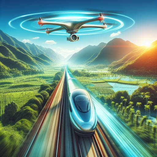 Imagine a futuristic drone capturing a sleek, high-speed train zooming through a lush, otherworldly landscape, blending the worlds of advanced technology and efficient transport in a mesmerizing aerial shot.