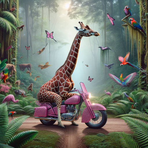 Create an image of a giraffe riding a sparkling pink motorcycle through a lush jungle filled with exotic wildlife.