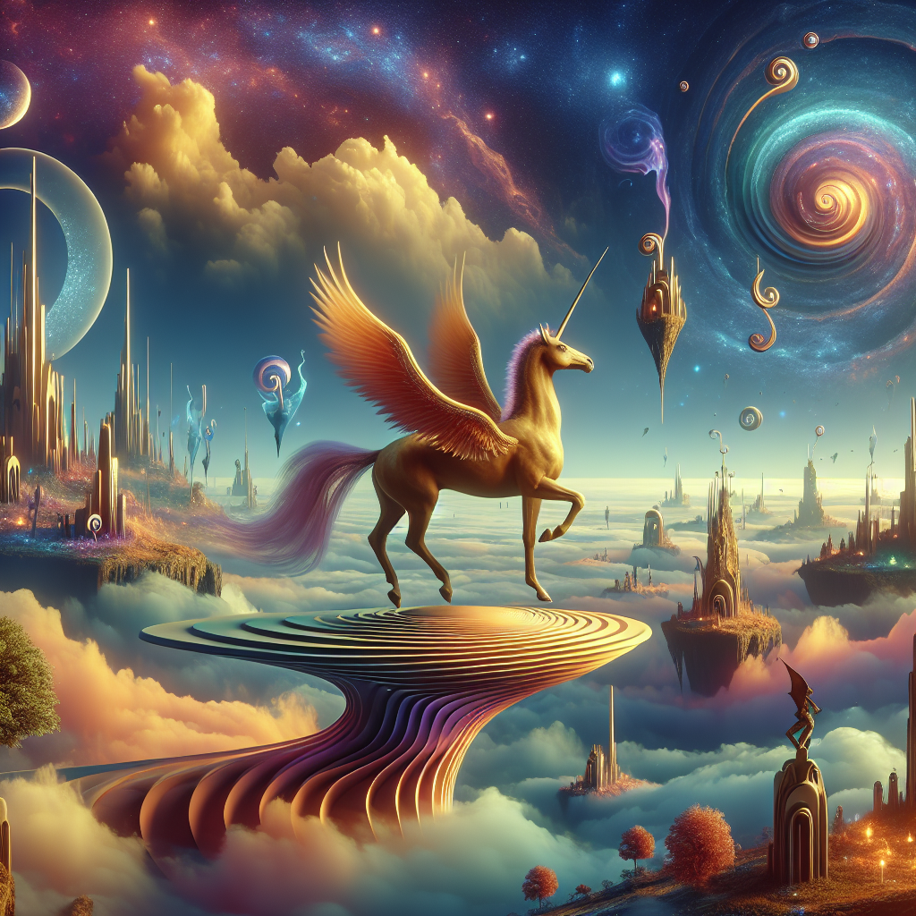 Create an image of a mythical creature riding a floating optical illusion staircase through a surreal landscape filled with fantastical landmarks and beings.