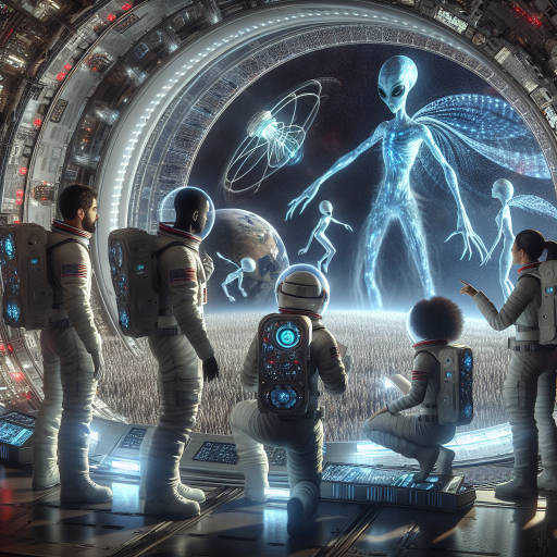 Create an image of a group of astronauts exploring a futuristic and advanced space station orbiting a distant galaxy, where they encounter a tribe of alien beings who communicate with them through advanced technology embedded in their bodies.