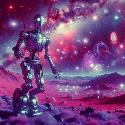 Create an image of a robot exploring a mysterious alien planet using infrared photography, with breathtaking views of distant galaxies and star clusters in the background, showcasing the wonders of both advanced technology and the vast universe.