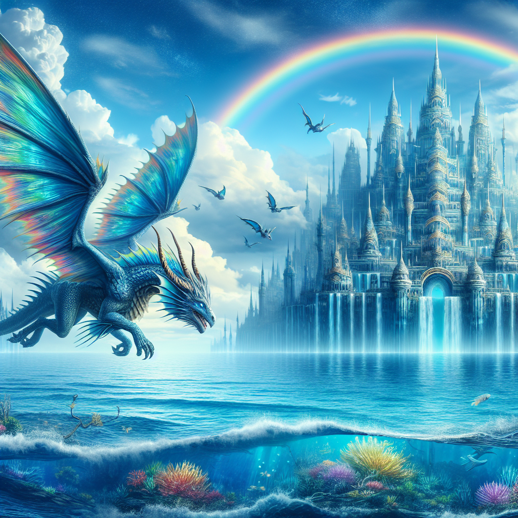 Imagine a mythical creature soaring through the skies, with iridescent scales and wings that glitter like the sea below. A majestic underwater city rises up from the depths, its spires reaching towards the clouds above. In the distance, a rainbow arcs across the sky, merging the realms of fantasy, mythology, and the wonders of the deep and sky into one breathtaking masterpiece. Create an image that captures this magical and surreal scene.