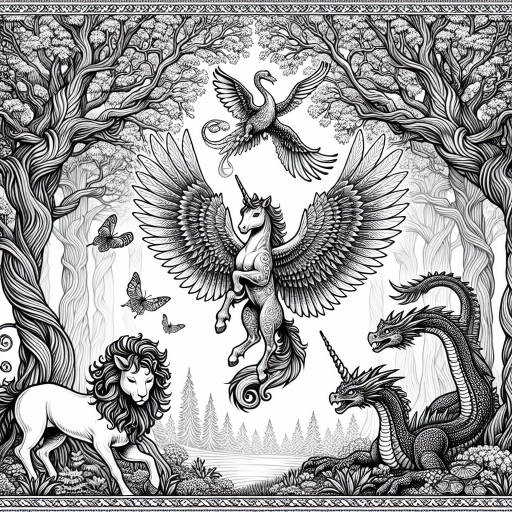 Create an image of a majestic winged cat soaring through a mystical forest filled with creatures from mythology, such as a unicorn, dragon, and phoenix, all peacefully coexisting in harmony.