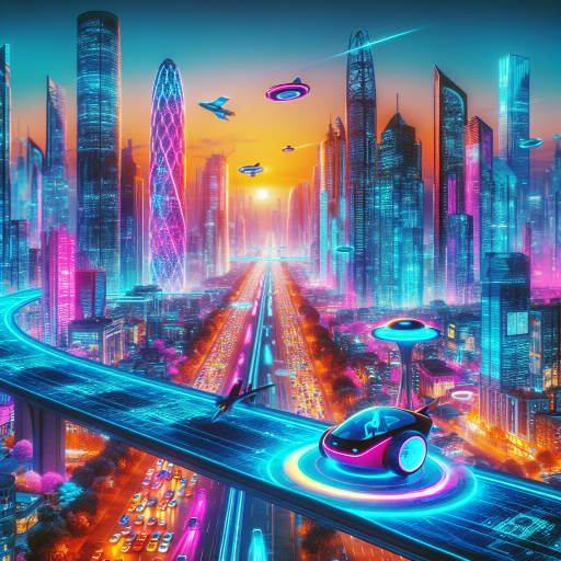 Create an image of a futuristic cityscape painted in vibrant colors, captured through the lens of infrared photography, showcasing advanced scientific technologies integrated seamlessly into everyday life.