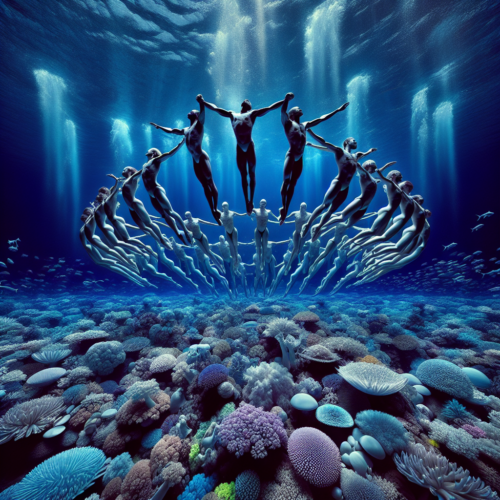 Imagine a group of synchronized swimmers performing intricate routines in a glowing underwater world, captured through a mesmerizing infrared lens that transforms the water into a spectrum of vibrant colors and ethereal beauty.