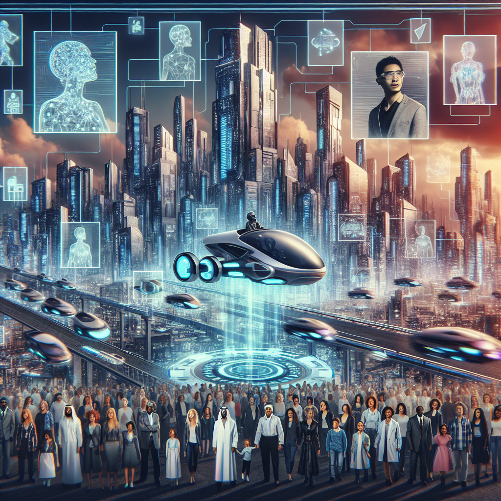 Imagine a futuristic city where people travel using flying cars powered by advanced technology, with scientists conducting experiments in transparent laboratories suspended in the sky.