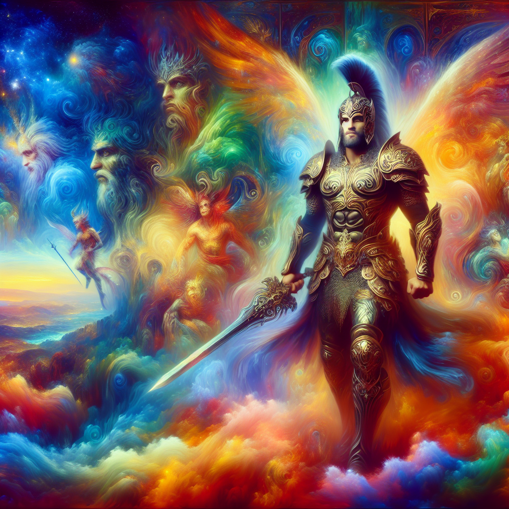 Imagine a portrait of an epic warrior adorned in fantastical armor, wielding a mythical sword in a mythical realm inspired by ancient mythology. The warrior stands proudly against a backdrop of swirling colors and mystical creatures, embodying the essence of bravery, strength, and magic.