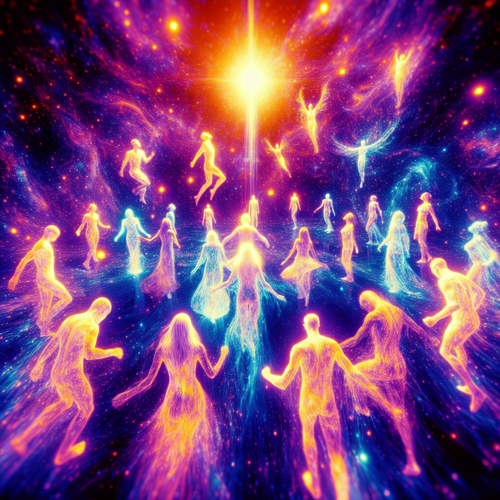 Create an abstract infrared photograph of a group of people, their bodies glowing with vibrant colors as they engage in a mystical and otherworldly dance under a canopy of shimmering stars.