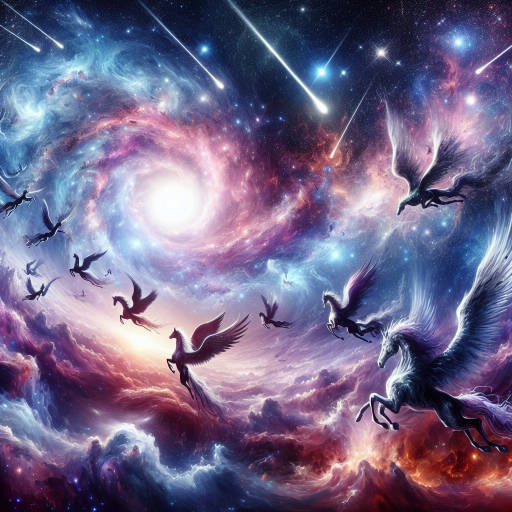 Create an image of a majestic sky filled with swirling galaxies and shooting stars, as a group of mystical winged animals soar gracefully through the cosmic wonderland.