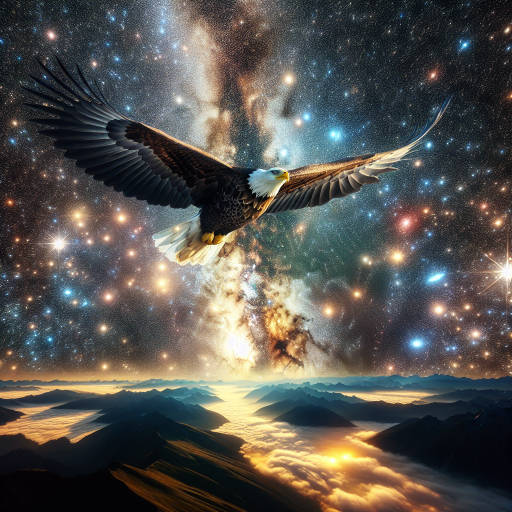 Imagine a majestic eagle soaring through the starry night sky, illuminated by the glow of distant galaxies captured from a bird's eye view by a drone camera.