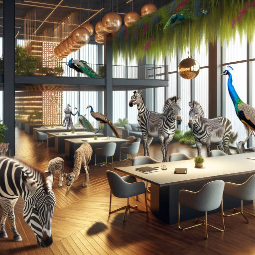 Imagine a luxurious business office space where animals roam freely, blending seamlessly with modern interior design elements. The room is filled with exotic animals such as zebras or peacocks, creating a unique and vibrant atmosphere that inspires creativity and productivity. Capture the harmony between the sleek, professional environment and the natural beauty of the animals in this imaginative image.