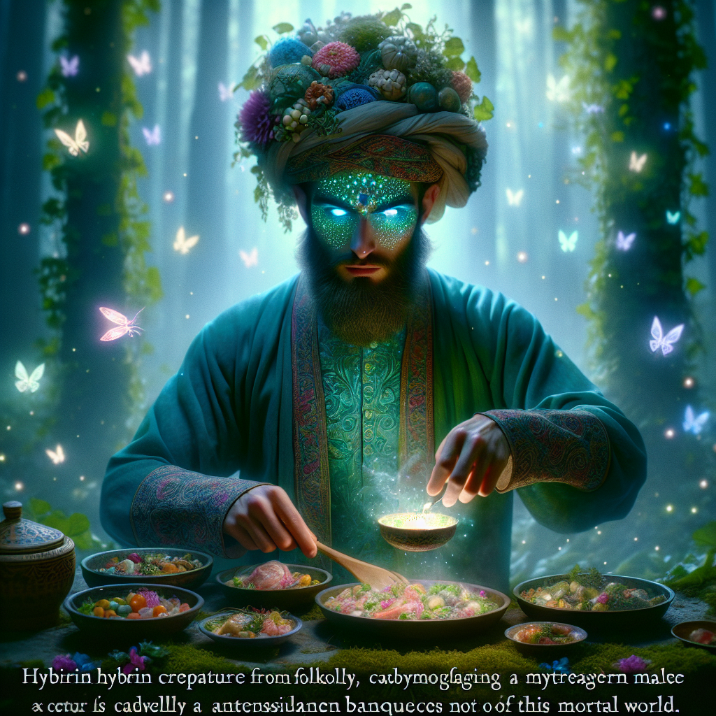 Portrait: A mythical creature disguised as a human chef, creating a feast fit for the gods in a magical forest. The portrait should capture the mesmerizing and otherworldly essence of both the mythical creature and the delectable dishes being prepared.