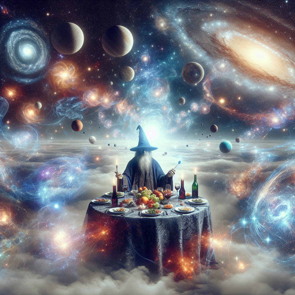 Create an image of a celestial feast in outer space, where a wizard is using their magical powers to conjure up dishes made of sparkling stars and glowing galaxies, surrounded by floating planets and swirling cosmic clouds.