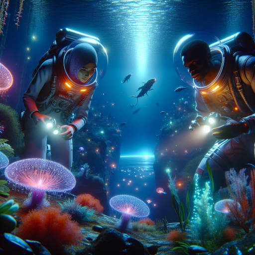 Imagine a futuristic underwater world where colorful alien-like creatures coexist with traditional marine life. A team of astronauts, equipped with advanced technology, is exploring this bizarre ecosystem in search of clues about the origins of life on Earth. The scene is illuminated by the glow of bioluminescent plants and creatures, creating a mesmerizing display of beauty and mystery.