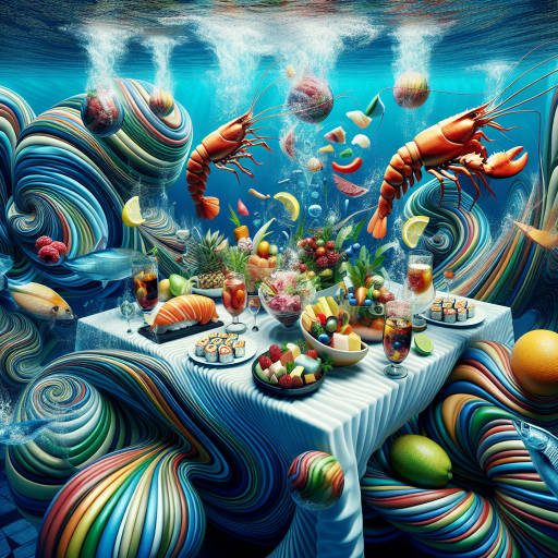 Create an image of a mesmerizing underwater banquet where delicious foods appear to float in mid-air, surrounded by optical illusions of swirling colors and shapes that dance and shift with the movement of the water. Let your imagination run wild as you combine the beauty of underwater wonders with the tantalizing allure of culinary delights.