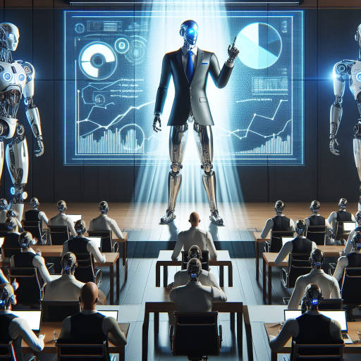 Create an image of a robot CEO giving a motivational speech to a group of robotic employees in a futuristic office setting.