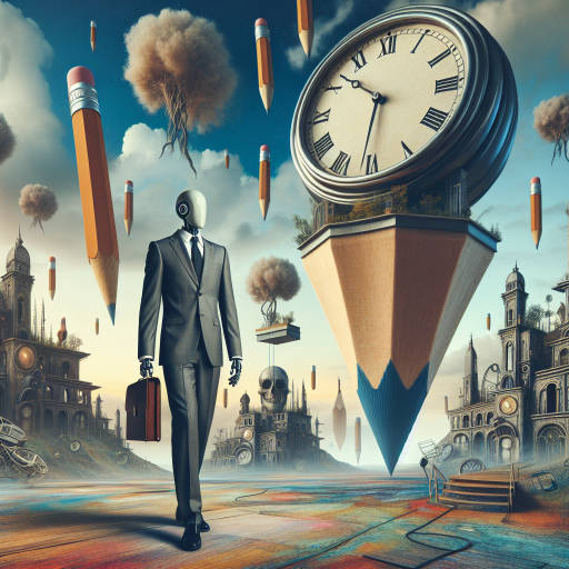 Create an image of a robot in a business suit standing in a surreal art landscape filled with floating clocks, upside-down buildings, and giant floating pencils.