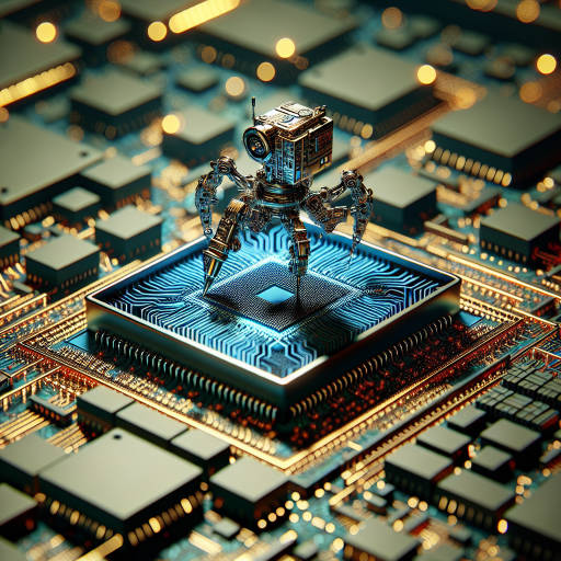 Create an image of a tiny robot exploring the intricate circuitry of a futuristic nano technology device, capturing the beauty and complexity of the intersection between science, technology, and robotics in macro detail.