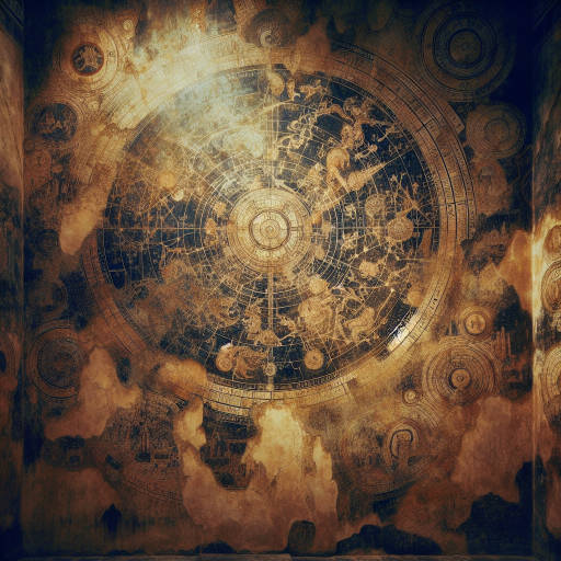 Create an image of an ancient celestial map painted on the cracked walls of a forgotten temple, showcasing intricate constellations and mysterious symbols that only the most skilled astronomers can decipher.