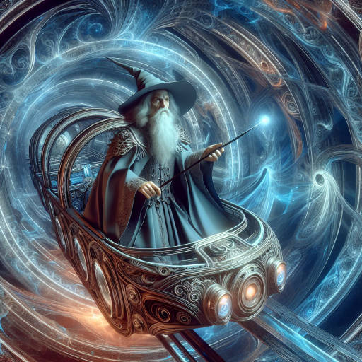 A wizard traveling through time and space in a futuristic magical transport vehicle, decorated with intricate interior design featuring swirling patterns and glowing crystals.