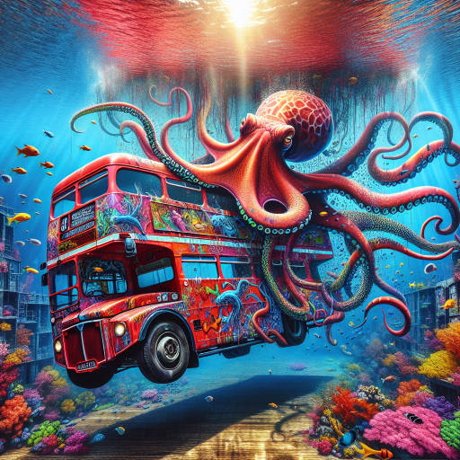 Create an image of a giant octopus painted on the side of a double-decker bus, swimming through a graffiti-filled underwater cityscape filled with colorful fish and coral.