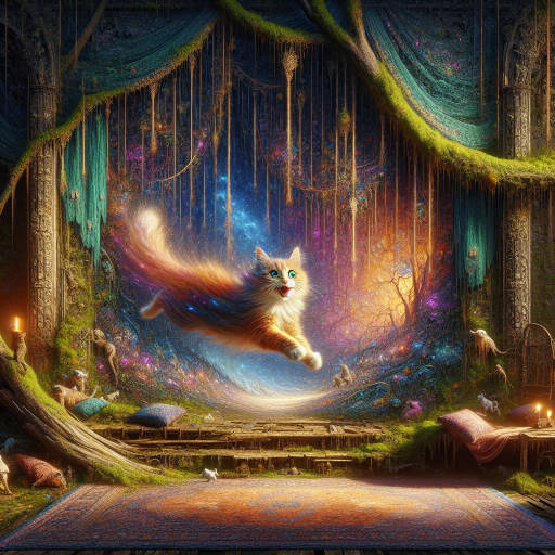 Imagine a mystical cat riding a majestic flying carpet through a surreal, enchanted forest filled with mythical creatures and ancient ruins.