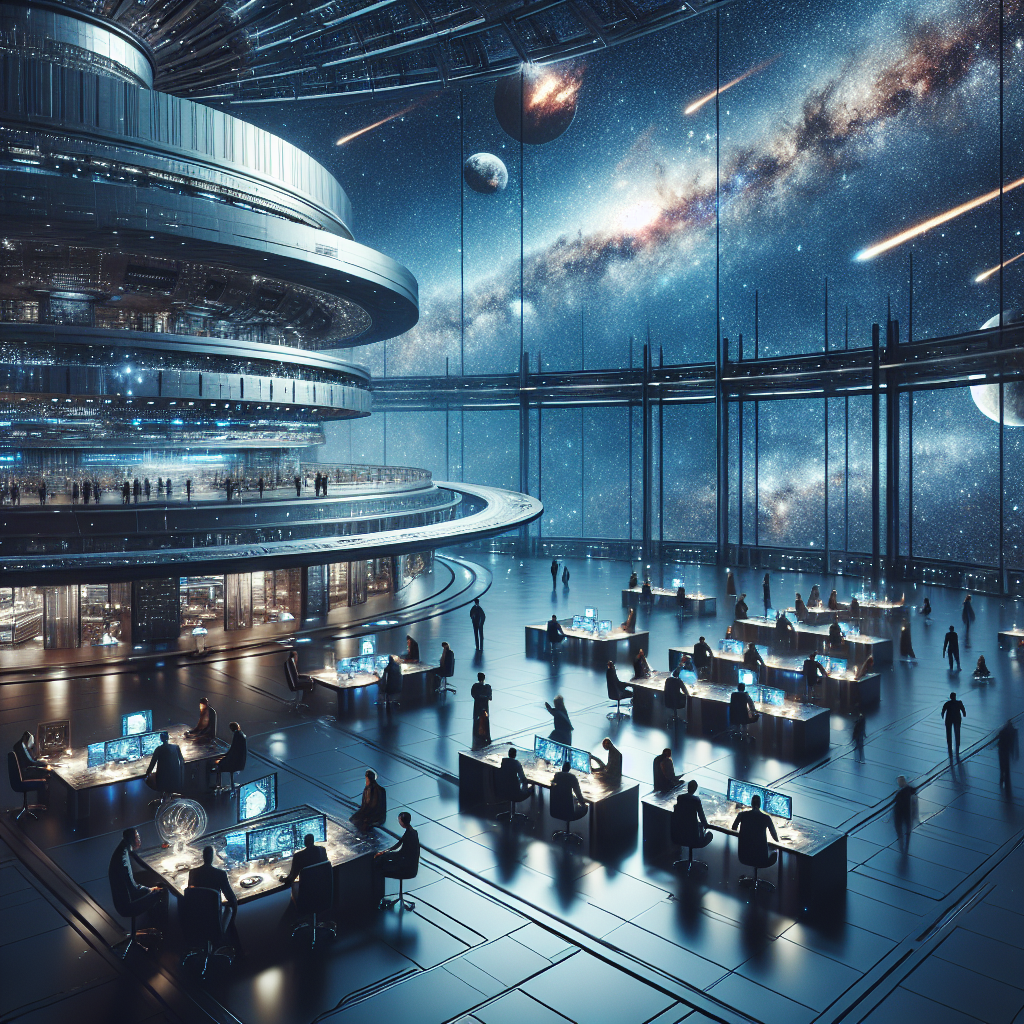 Imagine a futuristic space station where intergalactic businessmen are conducting high-tech transactions while observing a breathtaking cosmic event, such as a meteor shower or a distant galaxy colliding. The scene is filled with advanced technological equipment, sleek and modern architecture, and stunning views of the universe beyond.