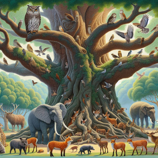 Imagine a majestic old tree towering over a lush wildlife sanctuary, with a family of wise old owls perched on its ancient branches, surrounded by a diverse array of wild animals peacefully coexisting below. Capture the essence of history, wisdom, and harmony in this unique and magical scene.