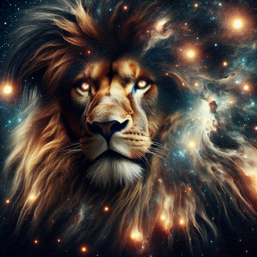 Create an image of a majestic lion surrounded by a swirling galaxy of stars, with its mane blending seamlessly into the night sky. The lion's piercing gaze meets the viewer's, conveying both the wild beauty of nature and the mysterious depths of the universe.