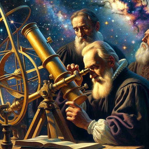 Imagine a painting inspired by a historical reenactment of Galileo Galilei observing the stars through his telescope, with vibrant colors representing the vastness of the universe and the wonder of scientific discovery.