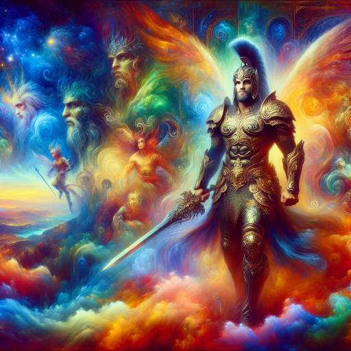 Imagine a portrait of an epic warrior adorned in fantastical armor, wielding a mythical sword in a mythical realm inspired by ancient mythology. The warrior stands proudly against a backdrop of swirling colors and mystical creatures, embodying the essence of bravery, strength, and magic.